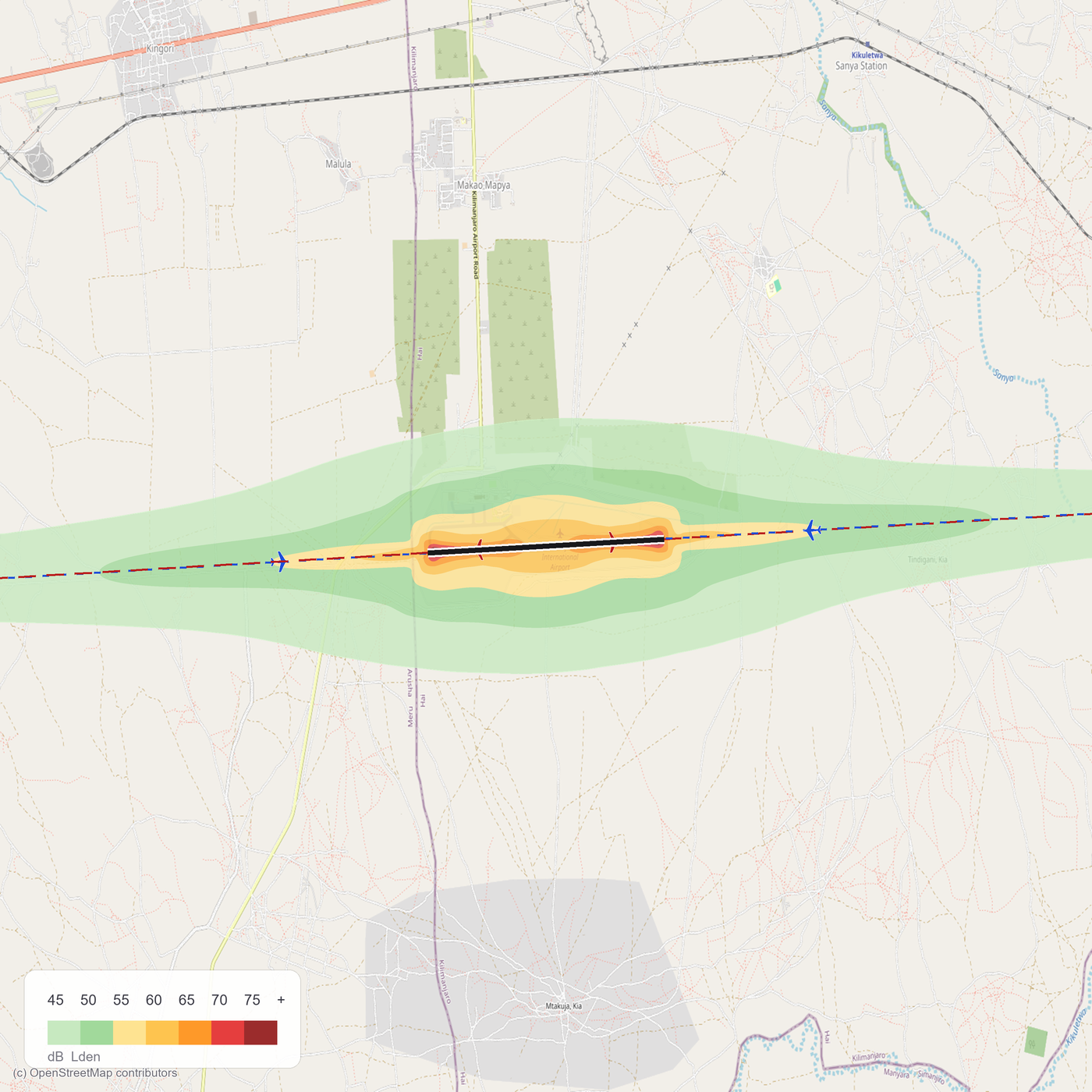 A solved aircraft noise contour: banded Lden - day/evening/night around a real runway, with its departure and arrival flight paths